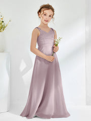 Robes de Demoiselle d'Honneur Junior Froncée à Col en V Longueur au Sol Crépuscule