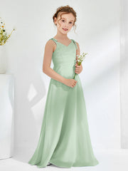 Robes de Demoiselle d'Honneur Junior Froncée à Col en V Longueur au Sol Sauge Poudrée