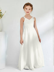 Robes de Demoiselle d'Honneur Junior Froncée à Col en V Longueur au Sol Ivoire