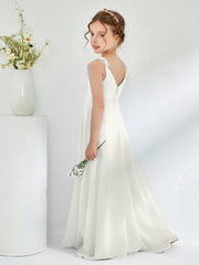 Robes de Demoiselle d'Honneur Junior Froncée à Col en V Longueur au Sol Ivoire