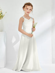 Robes de Demoiselle d'Honneur Junior Froncée à Col en V Longueur au Sol Ivoire