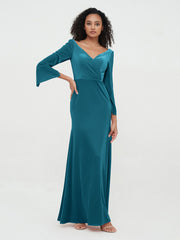 Robes Longues en Velours Sirène à Col en V avec Manches Bleu Encre Grande Taille