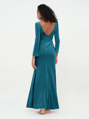 Robes Longues en Velours Sirène à Col en V avec Manches Bleu Encre Grande Taille