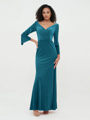 Robes Longues en Velours Sirène à Col en V avec Manches Bleu Encre Grande Taille