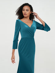 Robes Longues en Velours Sirène à Col en V avec Manches Bleu Encre Grande Taille