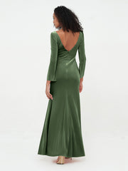 Robes Longues en Velours Sirène à Col en V avec Manches Olive Verte Grande Taille