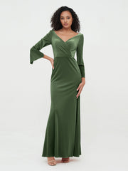 Robes Longues en Velours Sirène à Col en V avec Manches Olive Verte Grande Taille
