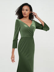Robes Longues en Velours Sirène à Col en V avec Manches Olive Verte Grande Taille