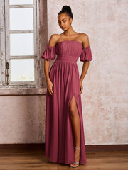 Robe en Mousseline à Col Carré avec Manches Flottantes et Fente Cannelle Rose