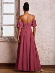 Robe en Mousseline à Col Carré avec Manches Flottantes et Fente Cannelle Rose