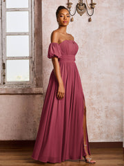 Robe en Mousseline à Col Carré avec Manches Flottantes et Fente Cannelle Rose