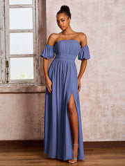 Robe en Mousseline à Col Carré avec Manches Flottantes et Fente Pervenche