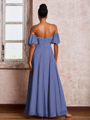 Robe en Mousseline à Col Carré avec Manches Flottantes et Fente Pervenche