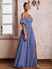 Robe en Mousseline à Col Carré avec Manches Flottantes et Fente Pervenche