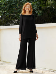 Pantsuit Perlé en Mousseline à Col en Scoop Longueur au Sol Noir