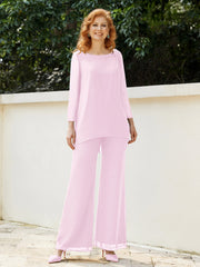 Pantsuit Perlé en Mousseline à Col en Scoop Longueur au Sol Rose Pâle