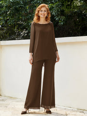 Pantsuit Perlé en Mousseline à Col en Scoop Longueur au Sol Brun