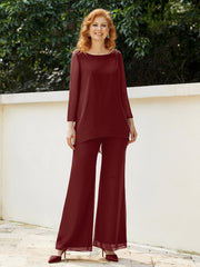 Pantsuit Perlé en Mousseline à Col en Scoop Longueur au Sol Bordeaux