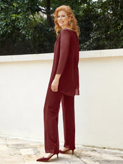 Pantsuit Perlé en Mousseline à Col en Scoop Longueur au Sol Bordeaux