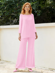 Pantsuit Perlé en Mousseline à Col en Scoop Longueur au Sol Rose Bonbon