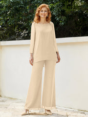 Pantsuit Perlé en Mousseline à Col en Scoop Longueur au Sol Champagne