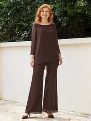 Pantsuit Perlé en Mousseline à Col en Scoop Longueur au Sol Chocolat