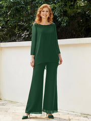 Pantsuit Perlé en Mousseline à Col en Scoop Longueur au Sol Vert Foncé