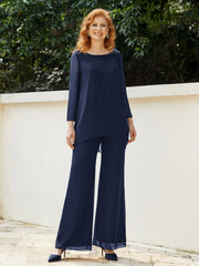 Pantsuit Perlé en Mousseline à Col en Scoop Longueur au Sol Bleu Marine