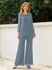 Pantsuit Perlé en Mousseline à Col en Scoop Longueur au Sol Bleu Poudré