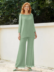 Pantsuit Perlé en Mousseline à Col en Scoop Longueur au Sol Sauge Poudrée