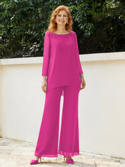 Pantsuit Perlé en Mousseline à Col en Scoop Longueur au Sol Fuchsia