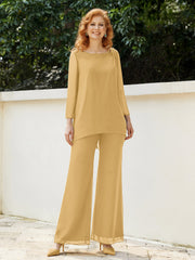 Pantsuit Perlé en Mousseline à Col en Scoop Longueur au Sol Or