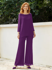 Pantsuit Perlé en Mousseline à Col en Scoop Longueur au Sol Raisin