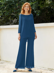 Pantsuit Perlé en Mousseline à Col en Scoop Longueur au Sol Bleu Encre
