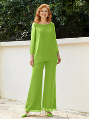 Pantsuit Perlé en Mousseline à Col en Scoop Longueur au Sol Vert Citron