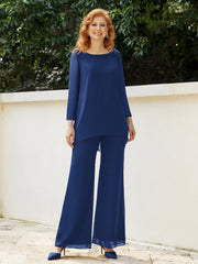 Pantsuit Perlé en Mousseline à Col en Scoop Longueur au Sol Bleu Marine Clair Grande Taille