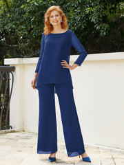 Pantsuit Perlé en Mousseline à Col en Scoop Longueur au Sol Bleu Marine Clair Grande Taille