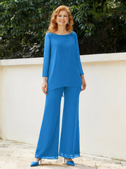 Pantsuit Perlé en Mousseline à Col en Scoop Longueur au Sol Bleu Océan