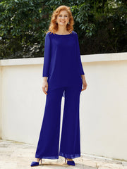 Pantsuit Perlé en Mousseline à Col en Scoop Longueur au Sol Bleu Royale