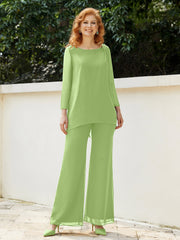 Pantsuit Perlé en Mousseline à Col en Scoop Longueur au Sol Sauge