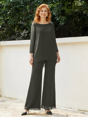 Pantsuit Perlé en Mousseline à Col en Scoop Longueur au Sol Gris Acier