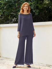 Pantsuit Perlé en Mousseline à Col en Scoop Longueur au Sol Orageux