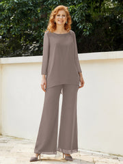 Pantsuit Perlé en Mousseline à Col en Scoop Longueur au Sol Taupe