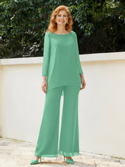 Pantsuit Perlé en Mousseline à Col en Scoop Longueur au Sol Turquoise