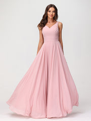 Col en V Mousseline Robe Longue avec Nœud Rose Poudré