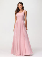 Col en V Mousseline Robe Longue avec Nœud Rose Poudré