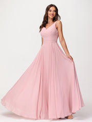 Col en V Mousseline Robe Longue avec Nœud Rose Poudré