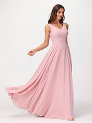 Col en V Mousseline Robe Longue avec Nœud Rose Poudré