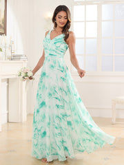 Col en V Mousseline Robe Longue avec Nœud Marbre Menthe