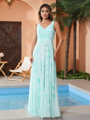 Col en V Mousseline Robe Longue avec Nœud Nuage Menthe